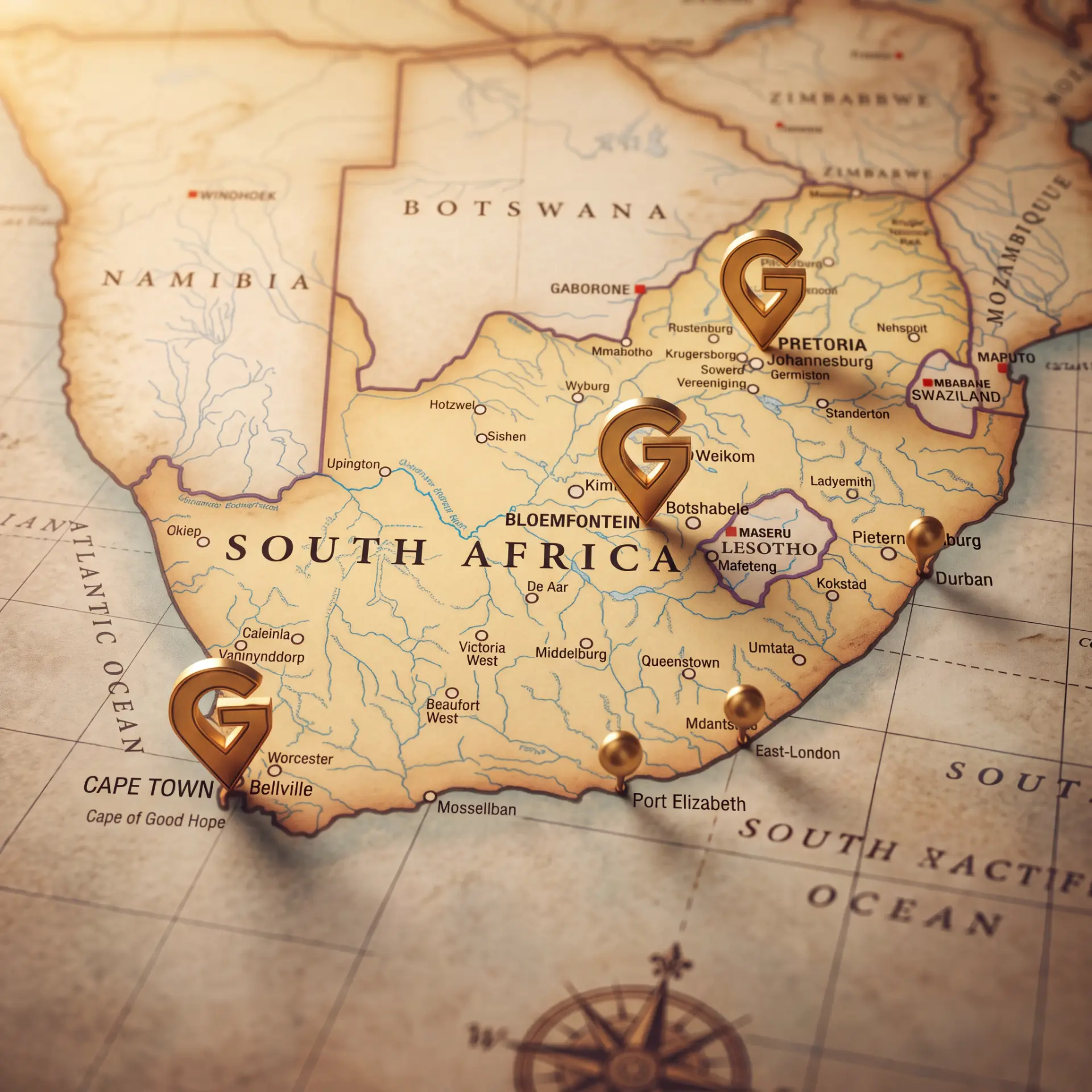 Map of South Africa showing GONOW in Stellenbosch and Potchefstroom