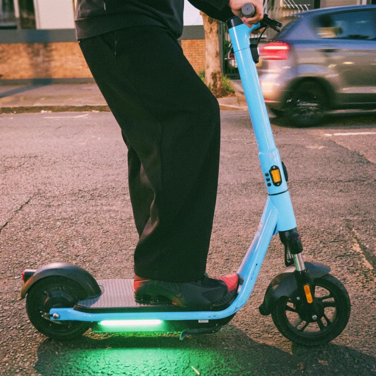 GONOW e-scooter at dusk with a green glow beneath the deck