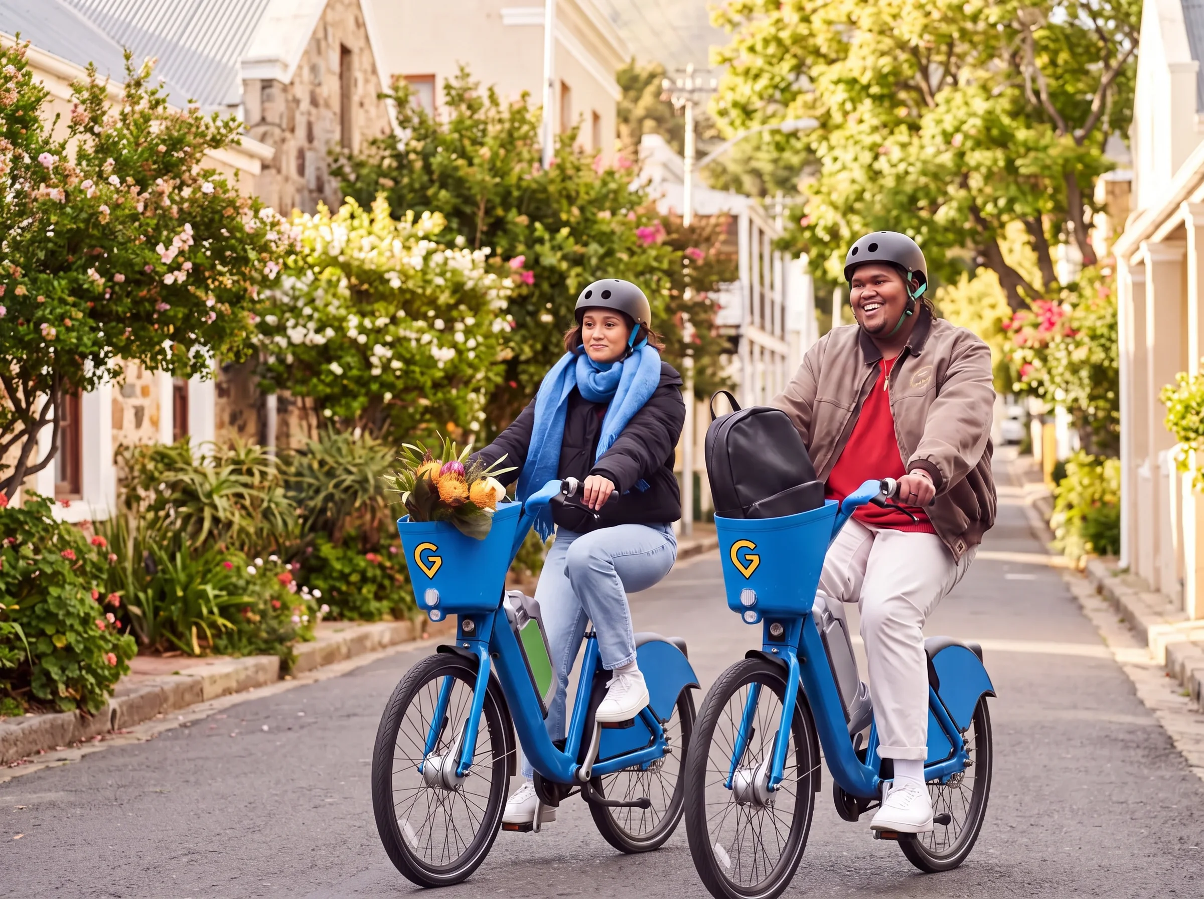 Two GONOW riders on blue bikes in a leafy South African street