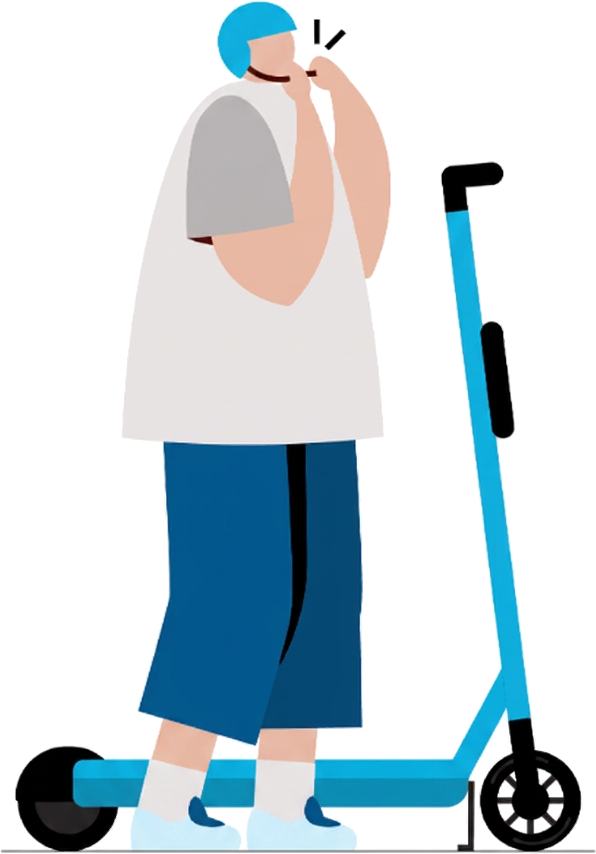 Rider fastening a helmet strap beside a blue GONOW scooter